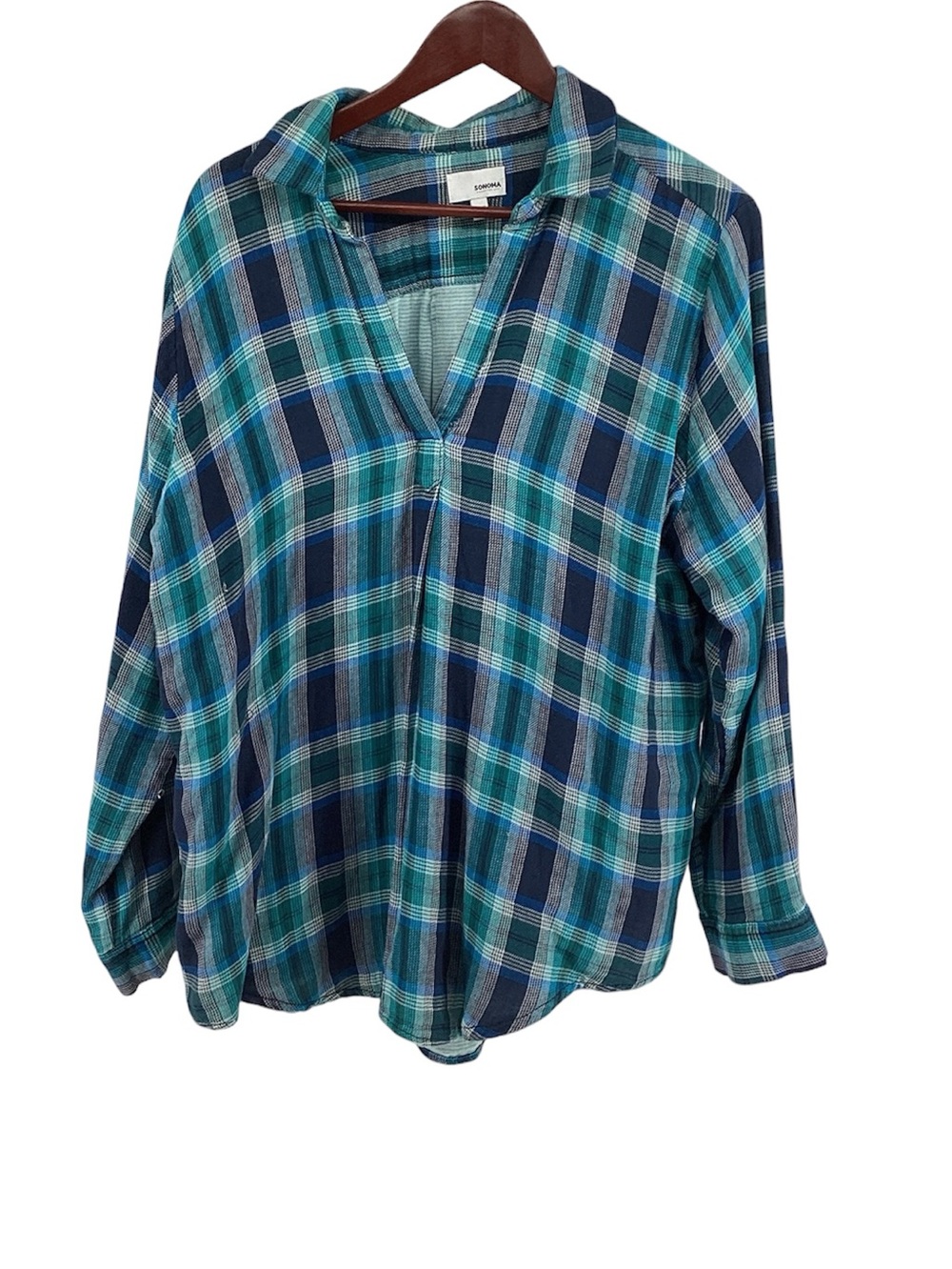 💚 Sonoma Plaid V-Neck Long Sleeve Top - Blue & Teal, Size XL